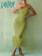 Lunivop Elegant One Shoulder Fur Bottom Midi Dress For Women Robe Summer New Sleeveless Bodycon